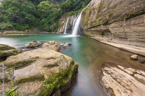 Small but beautiful waterfalls, clear streams, big rocks and green trees. Lingjiao Waterfall, Pingxi District, New Taipei City, Taiwan