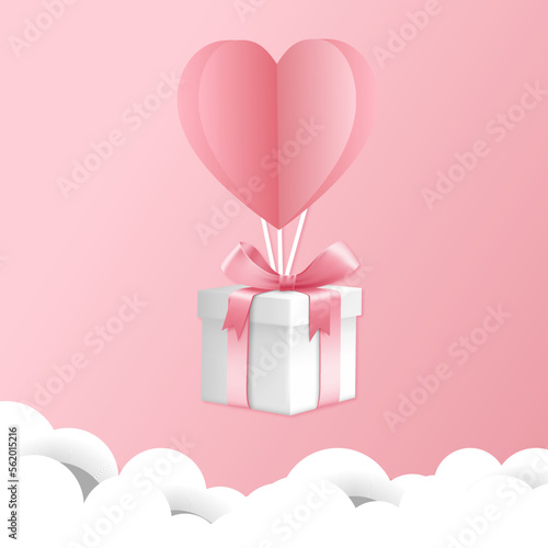 Gift boxes with heart balloon floating it the sky