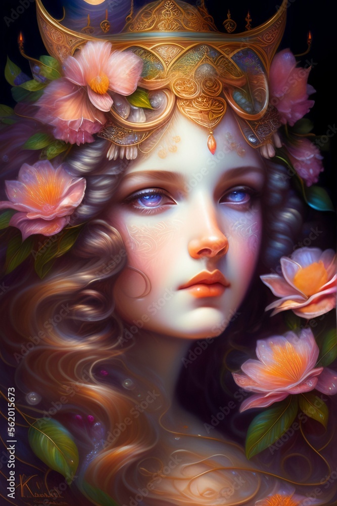 Illustration of a beautiful woman with a perfect face ornate with flowers, created with Generative AI technology Illustration of a beautiful woman with a perfect face ornate with flowers, created with Generative AI technology
