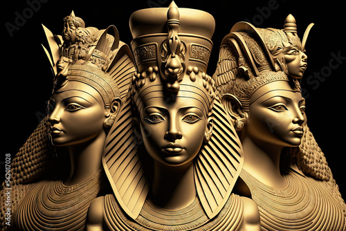 Raster version Three sphinxes flanking two Egyptian queens. Generative AI photo