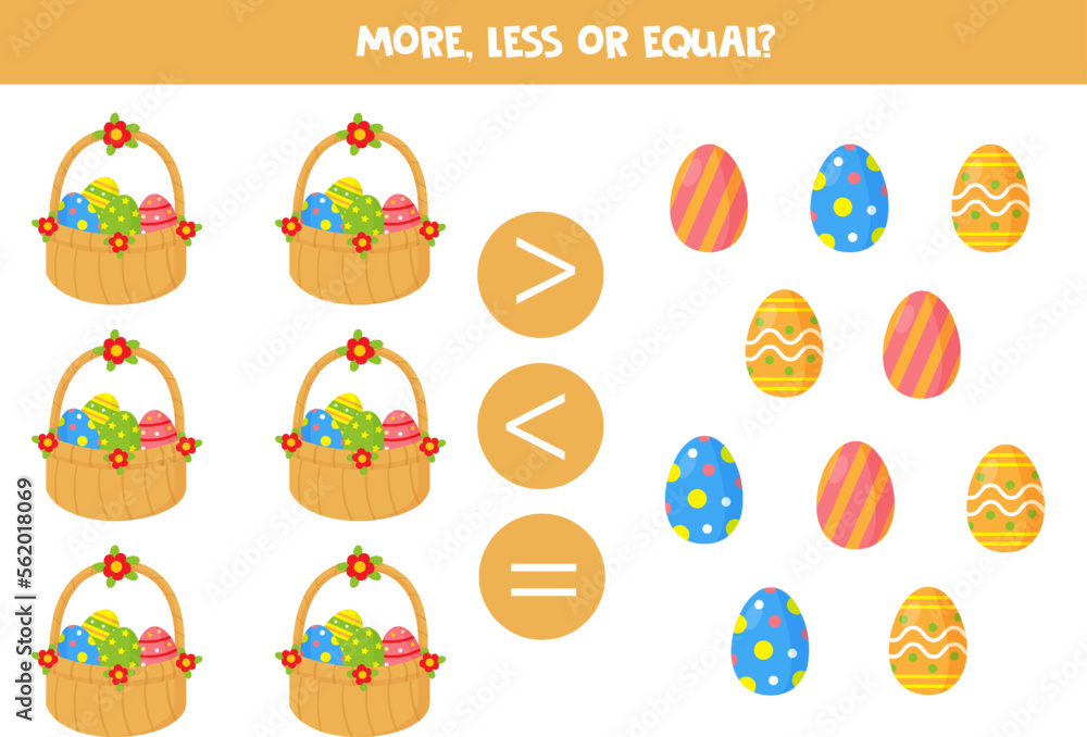 More, less or equal with cartoon Easter baskets.