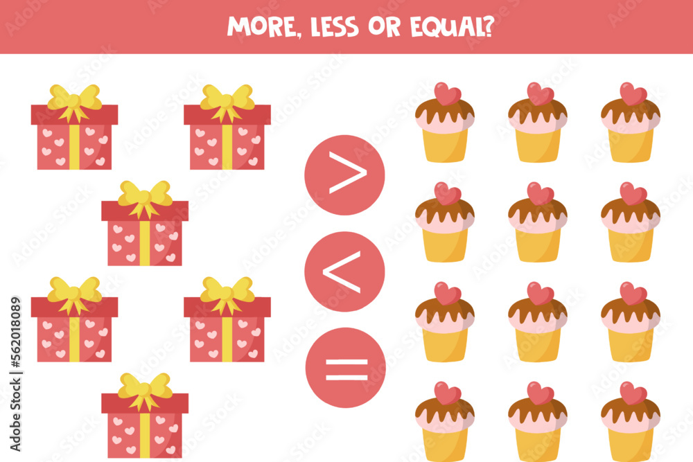 More, less or equal with cartoon valentine day elements. More, less or equal with cartoon valentine day elements.