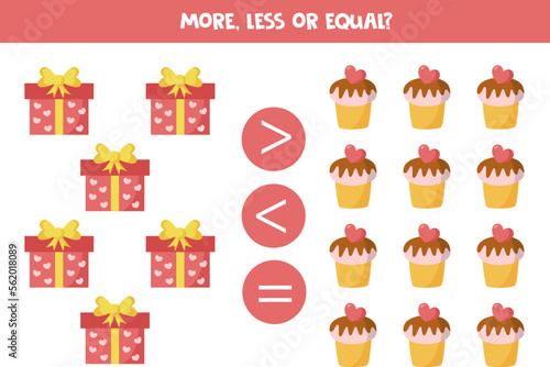 More  less or equal with cartoon valentine day elements.
