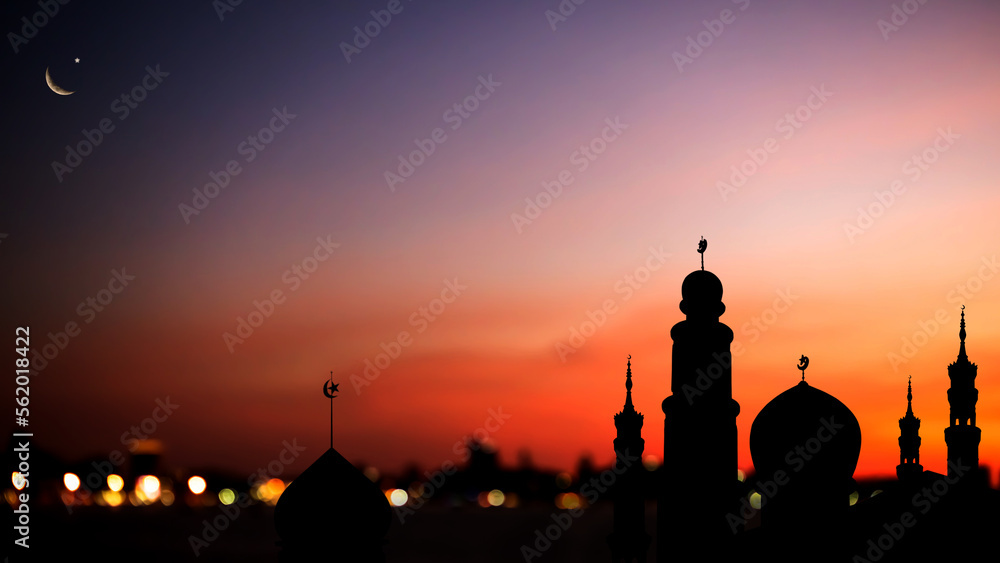 Islamic Architecture Background,Mosques Dome with Crescent Moon and Star on Golden Evening Sky Dark Black,Vertical ramadan Silhouette Buiding Sunset,Arabic Muslim,New Year Muharram,Eid Al-Adha,Mubarak