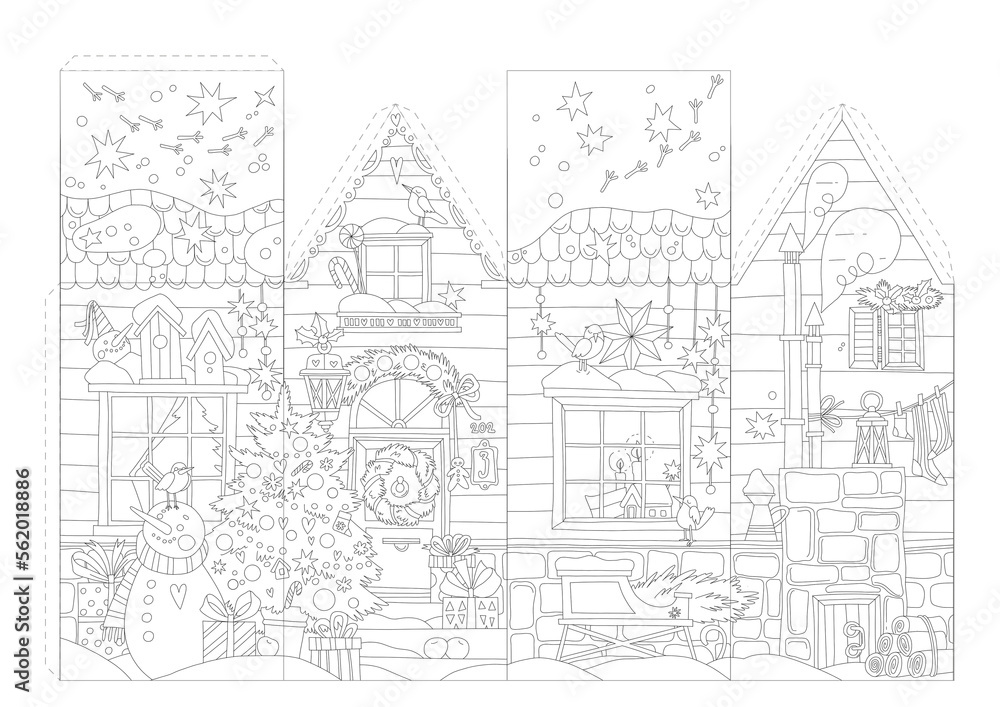 Mockup of a Christmas house with a Christmas tree, gifts, garlands, a snowman. Print, glue and color Christmas house layout. Coloring page christmas house illustration.