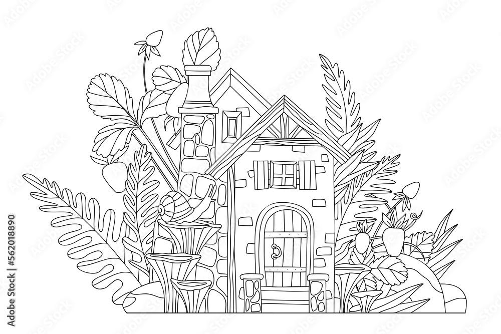 Coloring page forest house in berries and wild plants in cartoon style. Linear vector illustration for coloring book. Forest house and plants.