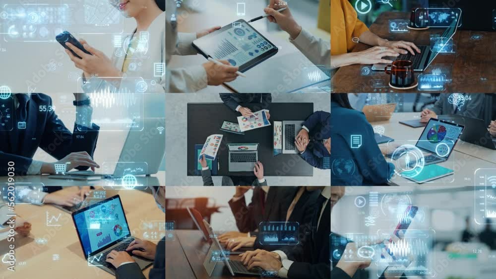 Collage of various business scenes and digital data concept. Multi screen. Scaling transition.