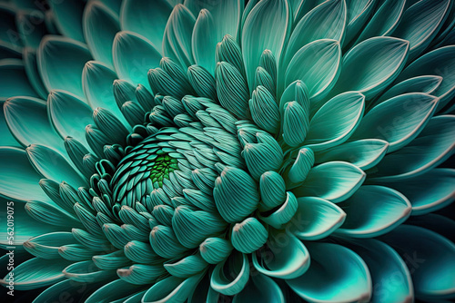Close up of a blue green chrysanthemum bloom. Crop shot. Background of colorful flowers in the summer and spring. Generative AI