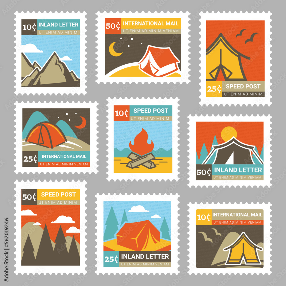Colorful postage stamp with travel camping element