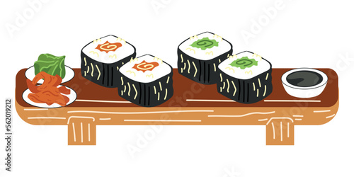 Maki rolls with cucumber and fish on a white background. Asian food. Vector illustration for restaurants, menus, decor