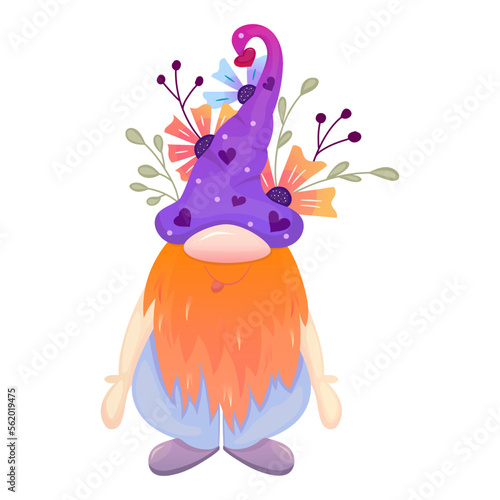 Valentine gnome with heart and flower isolated. Cute little elf with beard for valentines day. Cartoon vector illustration. Spring cute gnome. Funny cartoon character. © Анжелика Полтавец