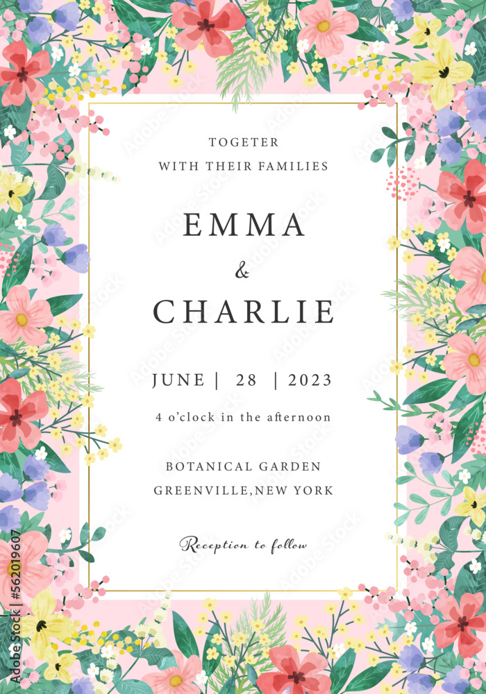 Wedding invitation template. Hand painted watercolor style plants. pink and colorful colors.