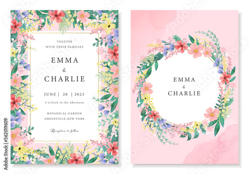 Wedding invitation template set. Hand painted watercolor style plants. pink and colorful colors.