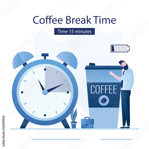 Tired businessman hugging big mug of coffee. 15 minutes coffee break. Male entrepreneur or employee recharges low battery, charge of energy. Alarm clock, work schedule. Landing page, template.