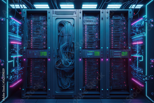 platform for hosting contemporary Internet contents. Rack housing server data storage hardware. The equipment in the data center is connected by a lot of network cables. Generative AI