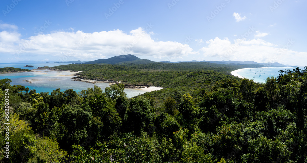 Panoramic view from the Whitehaven Beach lookout on Whitsunday Island. Only 970m from Whitehaven beach, this is a brilliant short walk for travellers lookout to admire turquoise waters from above
