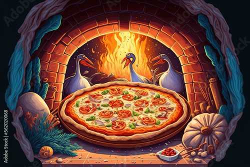 In a hearth oven  fresh  delectable pizza is baked with seafood like mussels and prawns. Mediterranean food. Generative AI