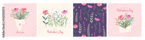 Happy Valentine's Day. Vector illustration of a bouquet of flowers, flowers in an envelope.  Concept of love. Beautiful greeting cards, posters, banner. Lovely romantic background. 