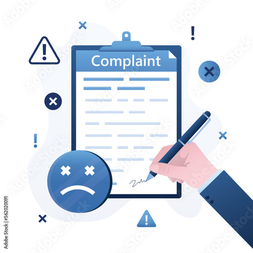 Human hand uses pen and signing complaint document. Bad review from client. Consumer made complaint, poor service, dissatisfaction with the service.