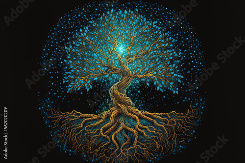 Beautiful illustration of the sacred symbol known as the magic tree of life. Concept of growth, prosperity, and personal uniqueness. illustration. Generative AI