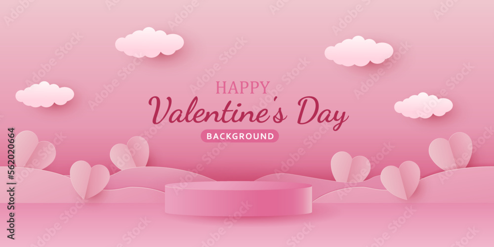 concept of podium love valentine day with pink heart vector paper cut style background. podium or stage banner love valentine day with pink heart vector paper cut style background. pink, heart, paper