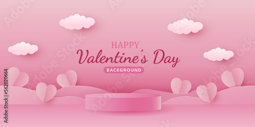concept of podium love valentine day with pink heart vector paper cut style background. podium or stage banner love valentine day with pink heart vector paper cut style background. pink, heart, paper