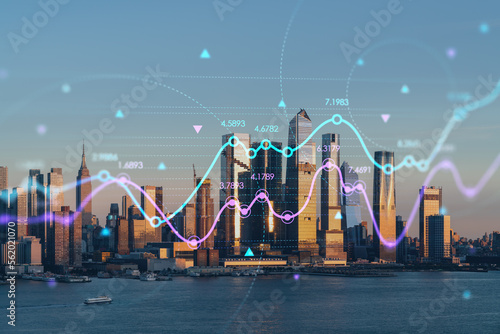 New York City skyline from New Jersey over Hudson River with Hudson Yards skyscrapers at sunset. Manhattan, Midtown. Forex graph. The concept of internet trading, brokerage and fundamental analysis
