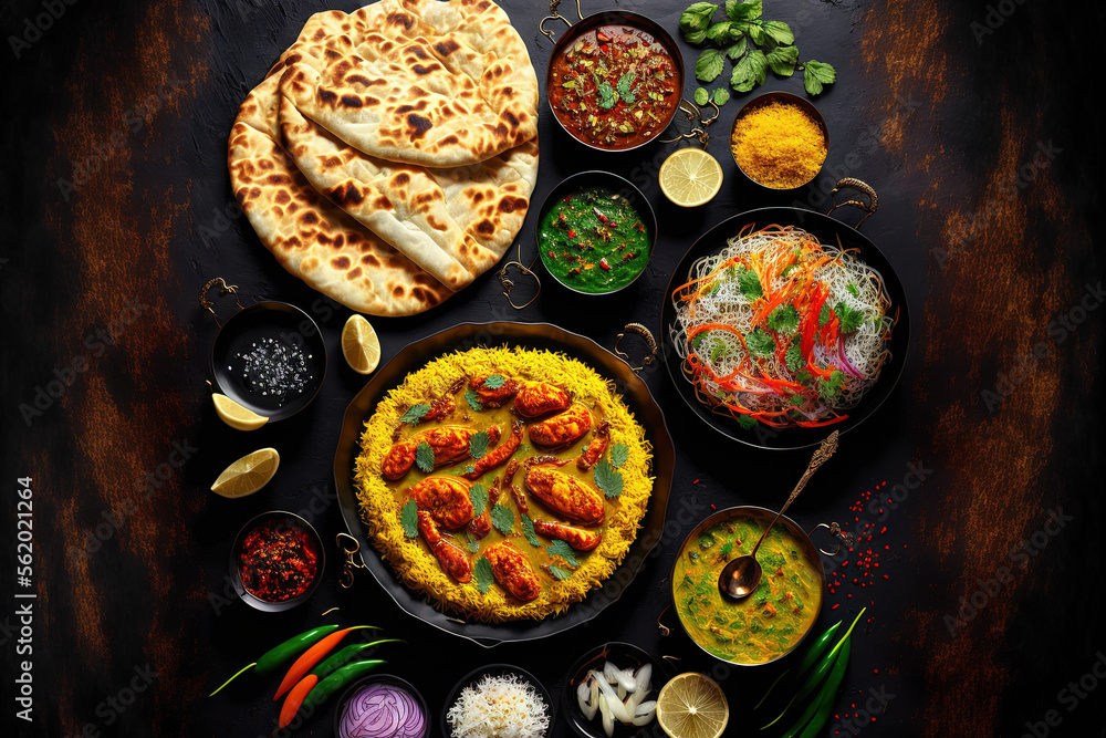 Indian food Curry butter chicken, Palak Paneer, Chiken Tikka, Biryani, Vegetable Curry, Papad, Dal, Palak Sabji, Jira Alu, Rice with Saffron on dark background. Generative AI