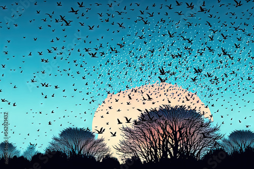 Beautiful large flock of starlings. A flock of starlings birds fly in the Netherlands. During January and February, hundreds of thousands of starlings gathered in huge clouds. Starling murmurations