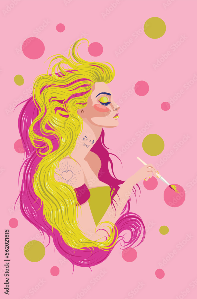 Girl with pink and yellow hair holding paintbrush