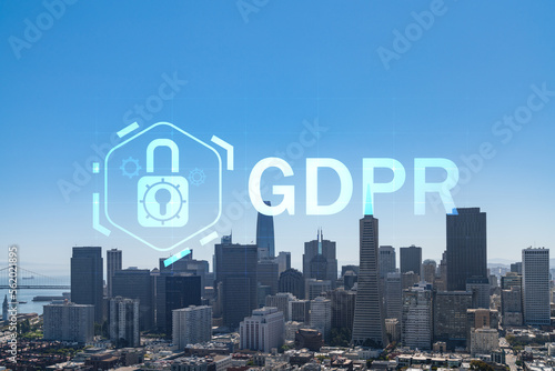 San Francisco skyline from Coit Tower to Financial District and residential neighborhoods, California, US. GDPR hologram, concept of data protection regulation and privacy for all individuals