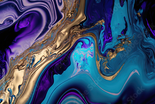 Fluid Art. Metallic Gold in abstract blue and purple wave. Marble effect background or texture. Generative AI