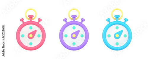 Stopwatch timer deadline countdown mechanical clockwise 3d icon set realistic vector illustration