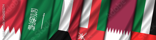 Vector wavy curved flags of the richest countries of the Arab League. Six states, Bahrain, Saudi Arabia, Kuwait, Oman, Qatar and United Arab Emirates.