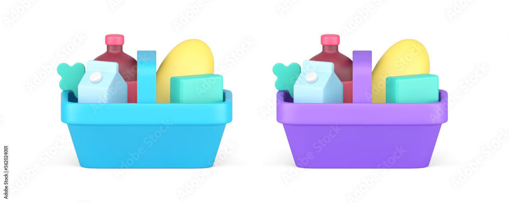 Shopping basket plastic cart with handle full of grocery food product 3d icon set realistic vector