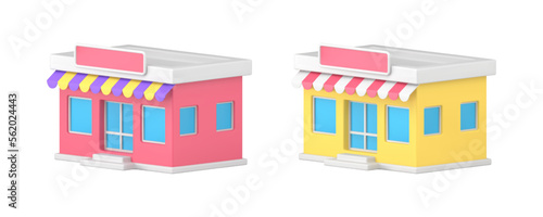Shop local store awning street showcase exterior commercial market purchase 3d icon realistic vector