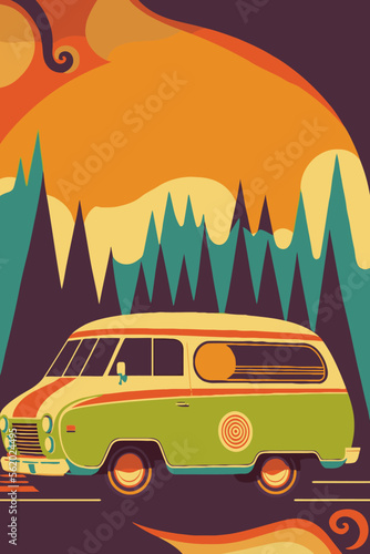 groovy classic car Psychedelic or hippie style backgrounds. Abstract travel poster
