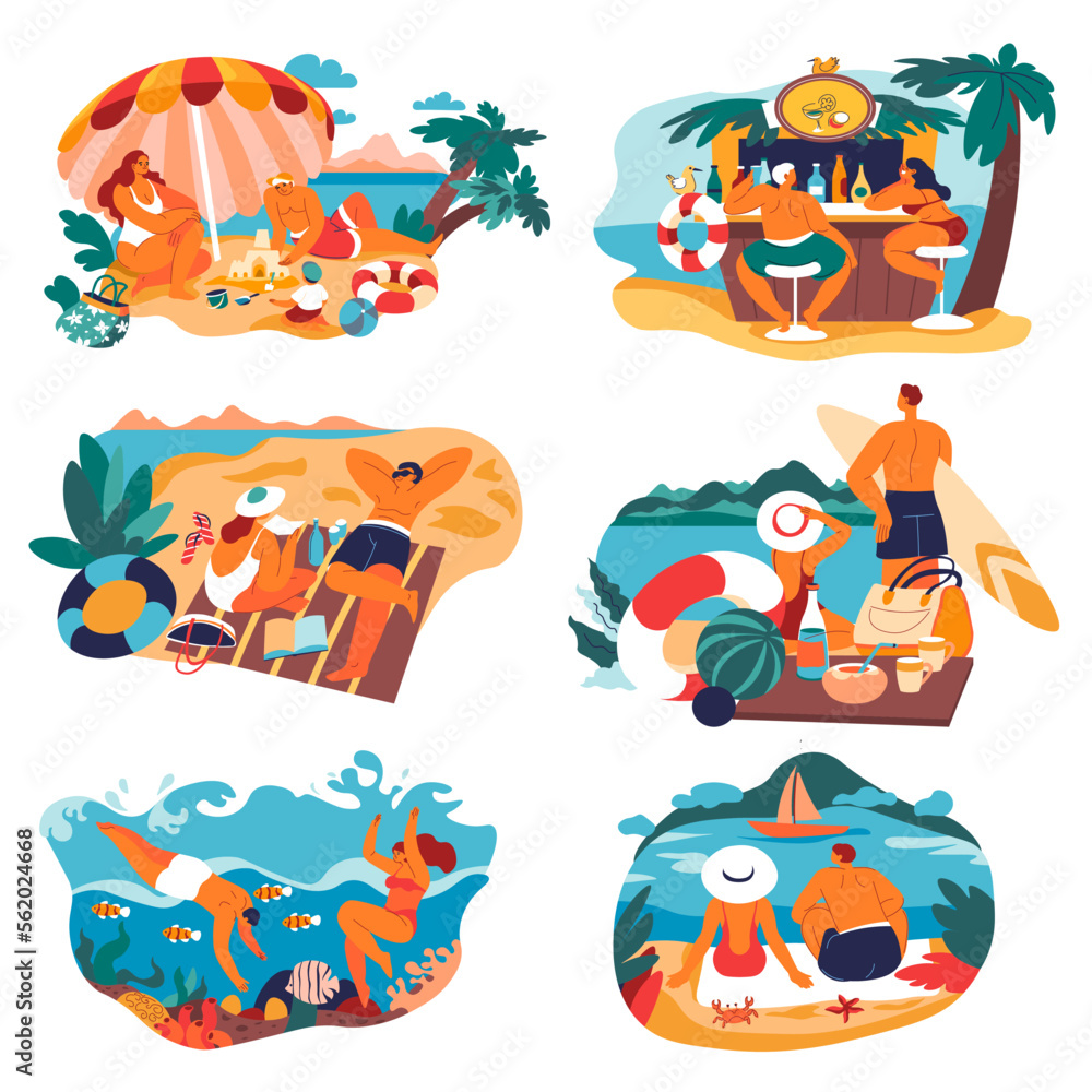 People resting on beach, vacation and relaxation People resting on beach, vacation and relaxation