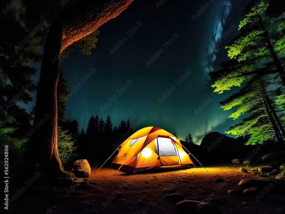 Camping at night under the stars. 
