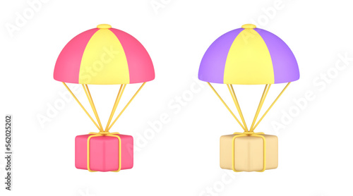 Express delivery service parachute cardboard box cargo transportation 3d icon set vector