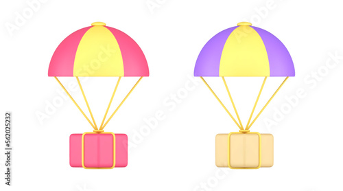 Parachute flying cardboard box cargo air express delivery service 3d icon set realistic vector