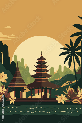 bali hindu temple, balinese culture background indonesia tourism retro style