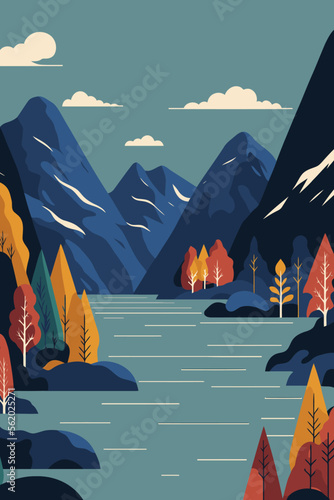 flat vector nature view with fjord and mountains at Scandinavian Mountains, Norway