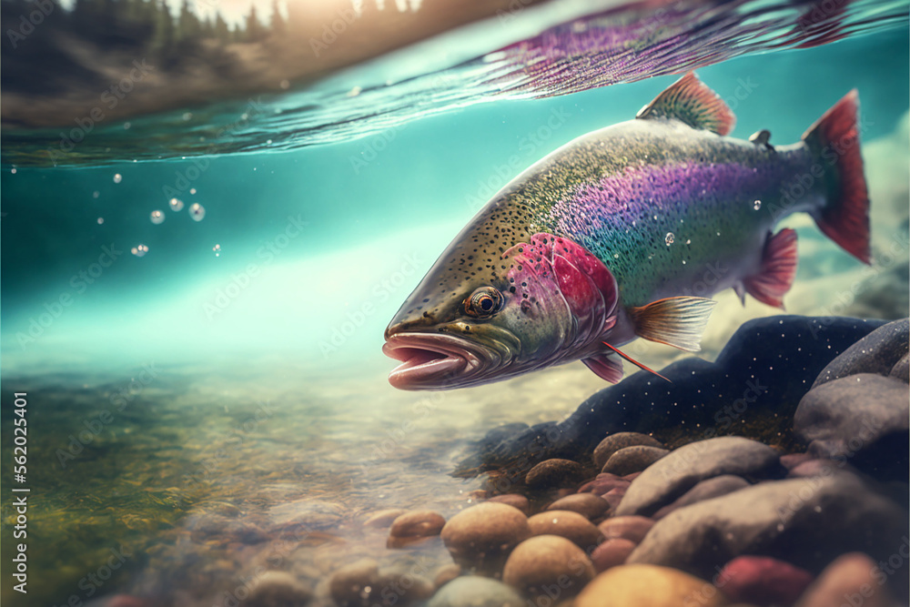Wild Rainbow Trout swimming in natural stream created with