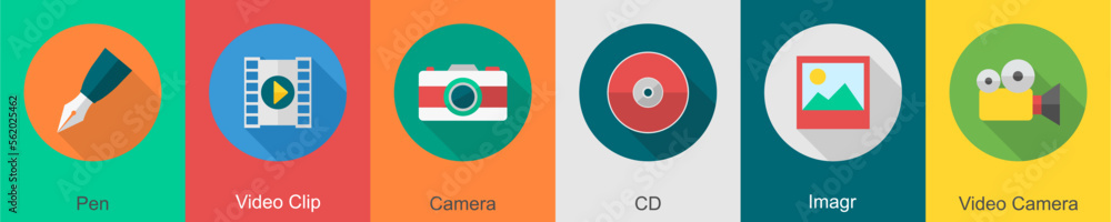 A set of 6 User interface icons as pen, video clip, camera A set of 6 User interface icons as pen, video clip, camera