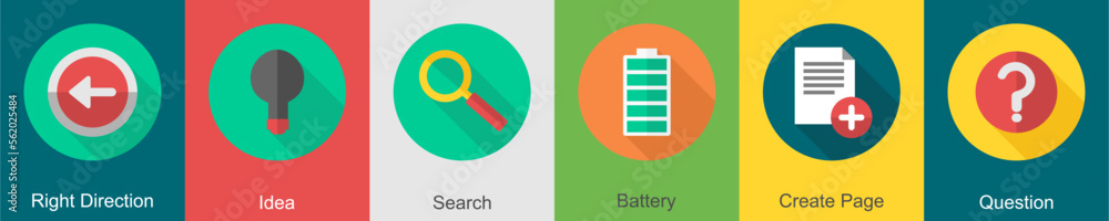 A set of 6 User interface icons as right direction, idea, search A set of 6 User interface icons as right direction, idea, search