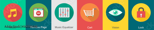 A set of 6 User interface icons as music, remove page, music equalizer