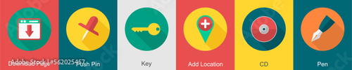 A set of 6 User interface icons as duplicate page, push pin, key