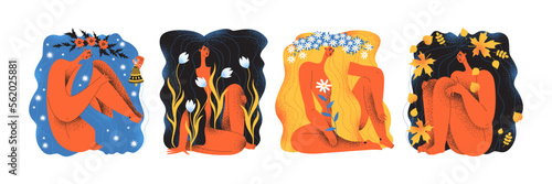Young girls are decorated with flowers and leaves, symbolizing winter, spring, summer and autumn. Seasons of the year conceptual illustrations