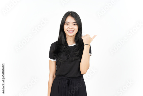 Presenting and Pointing Right Side Product Using Thumb Of Beautiful Asian Woman Isolated On White